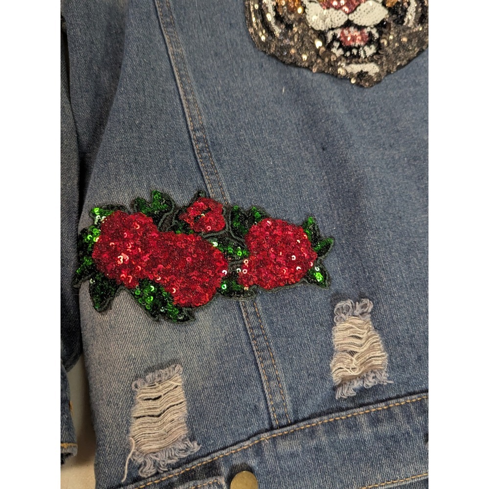 Say What? Oversized Denim Jacket XS Sequin Tiger Rose Patches Distressed Jean - Picture 15 of 16